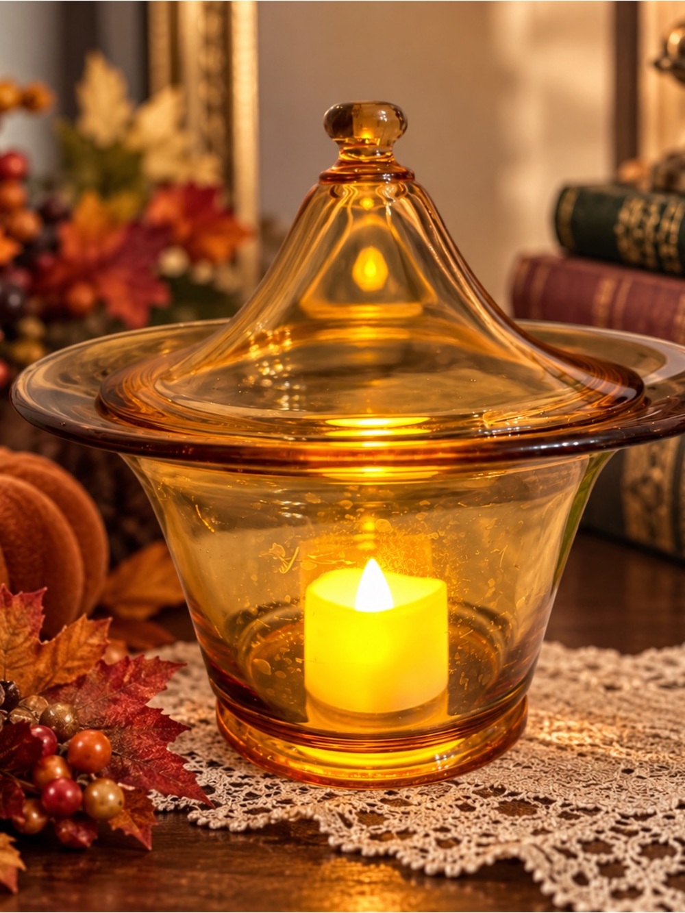 Vintage Amber Glass Lidded Candy Dish Styled as a Fairy Lamp – Warm Golden Glow